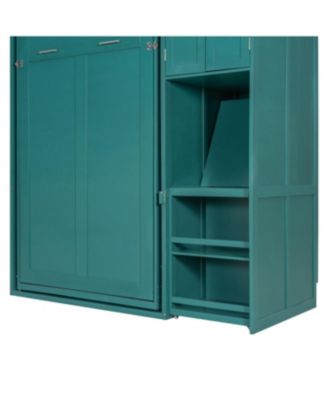 Twin Size Rotating Wall Murphy Bed with Bookshelf & Desk, Teal