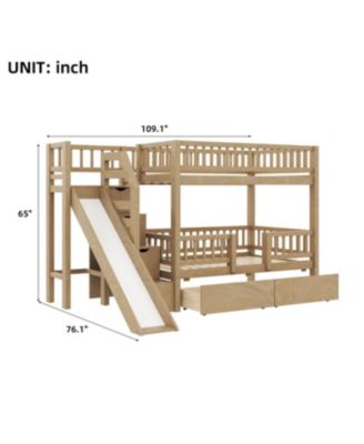 Twin over Twin Bunk Bed w/ Storage Stairs, Slide, 2 Drawers, Walnut