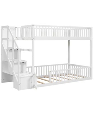 Twin over Twin Floor Bunk Bed, Ladder with Storage