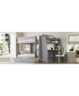 Full size Multifunctional Bunk Bed with Desk and Bookshelves, Drawers, Gray