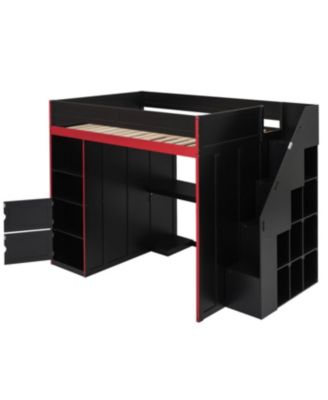 Streamdale Gaming Loft Bed with Desk and Storage, LED Lights, Full