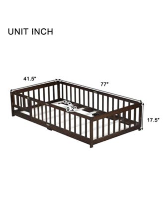  Twin Floor Bed with Fence & Door, Espresso