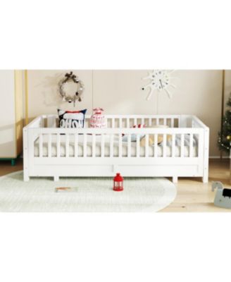 Streamdale Twin XL Platform Bed with Guardrails, Solid Wood, Converts to Queen