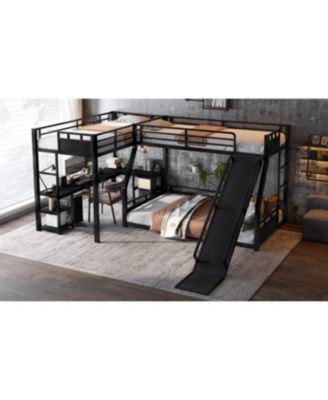 L-Shaped Metal Bunk Bed with Twin Loft, Desk, Storage, and Slide (Black)