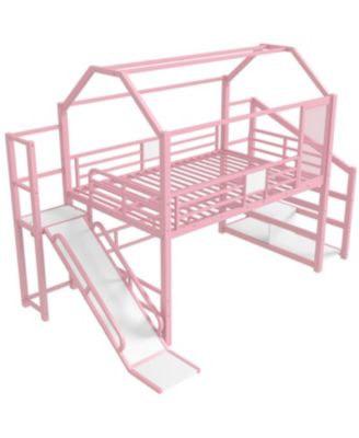  Full House Loft Bed with Slide, Stairs, Storage, Pink
