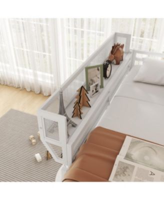  Queen Size Loft Bed with Ladder and Storage Shelves, White