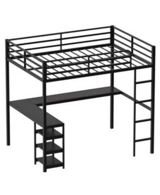 Full Size Loft Bed with Desk & Shelves, Heavy Duty Metal Frame, Black