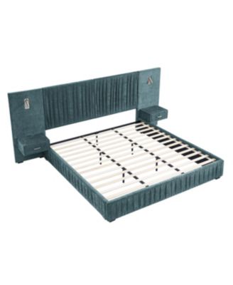 Size Upholstered Bed Frame with Chenille, Pleated Design, No Box Spring Needed-Blue-Green