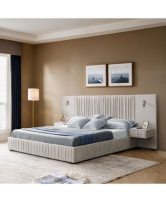 Streamdale Queen Size Chenille Upholstered Bed Frame with Pleated Design - Beige