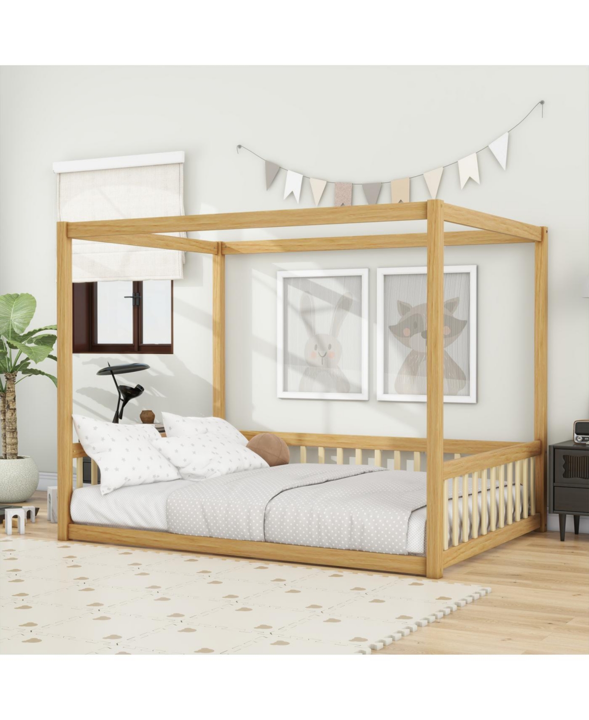 Streamdale Furniture Full Size Canopy Frame Rubber Wood Floor Bed with Fence, Guardrails