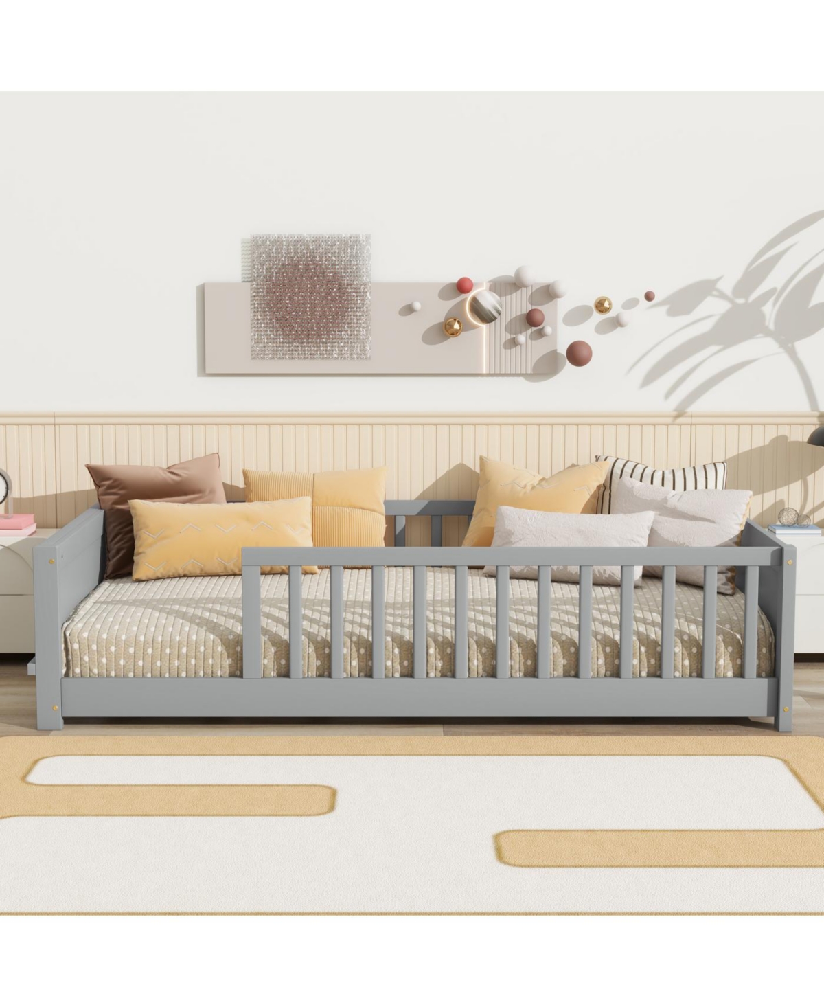 Streamdale Furniture Streamdale Twin size Floor Platform Bed with Built-in Book Rack, Grey