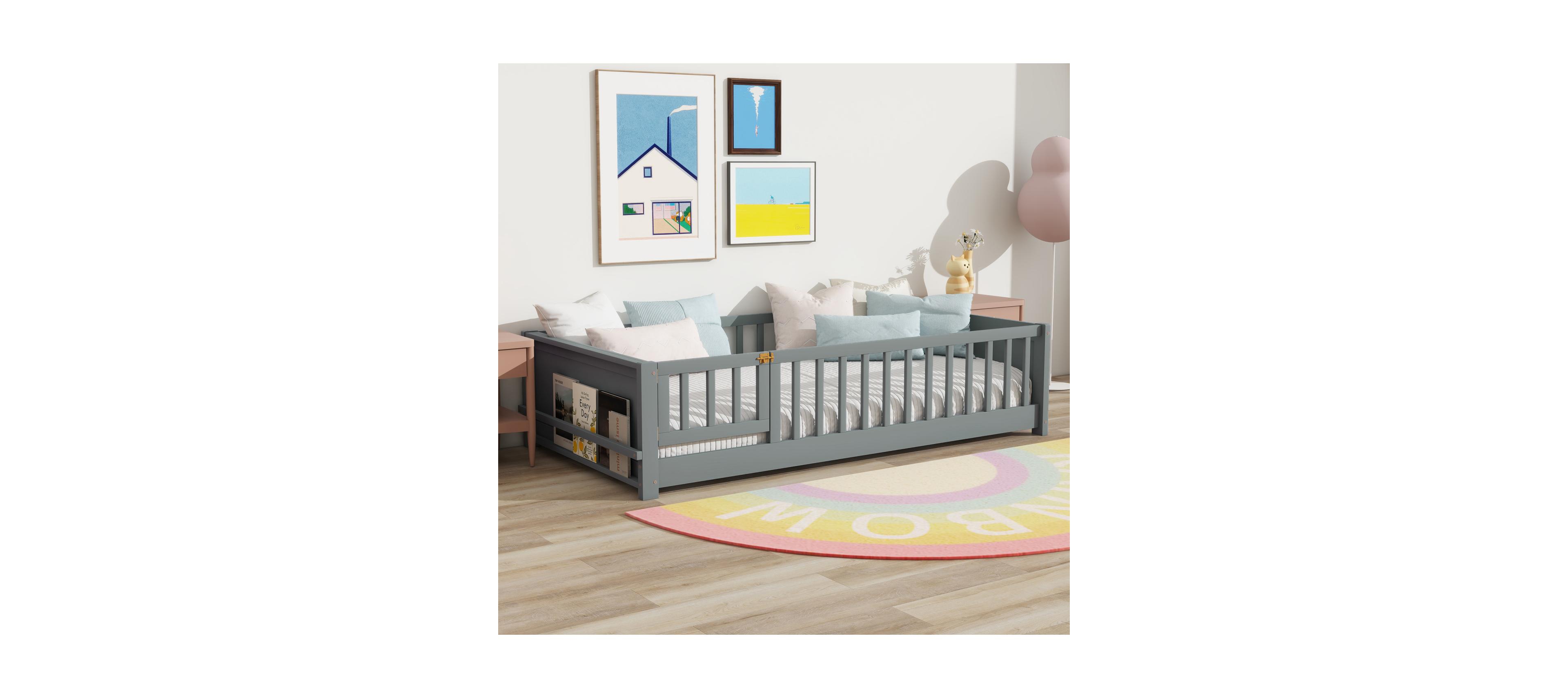 Streamdale Furniture Twin Size Floor Bed with Built-in Book Rack and Door, Grey