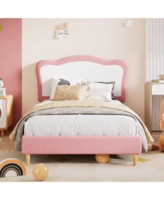 Upholstered Bed Frame with Two-Tone Scalloped Headboard, Velvet Princess Platform Bed with Solid Wood Slats, No Box Spring, Noise-Free - Full
