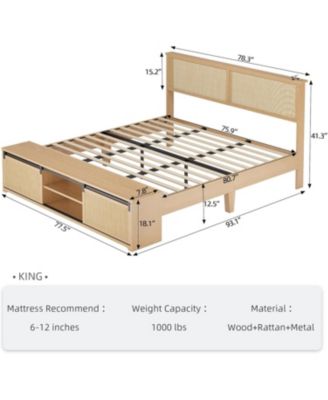 King Size Rattan Bed Frame with Sliding Barn Door Storage, LED Light Headboard, Boho Farmhouse Wood Platform Bed with Solid Wood Legs
