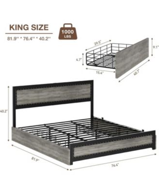 Bed Frame with Four Storage Drawers and Charging Station, Riveted Headboard Platform Bed with Metal Slat Frame, No Box Spring Required