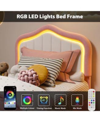 Upholstered Bed Frame with Storage Drawer and Smart LED Headboard, Twin Size Platform Bed Frame for Kids, Wooden Slats Support