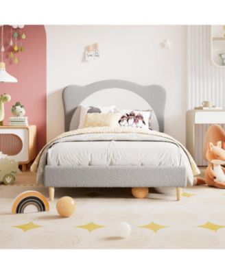 Adjustable Scallop Headboard Velvet Upholstered Platform Bed Frame for Kids with Solid Wood Slats Support