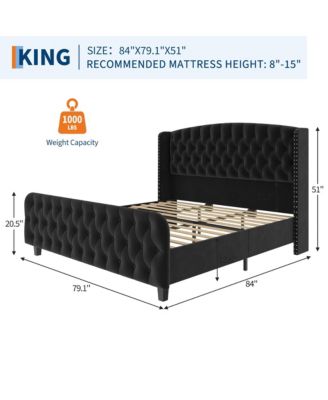 Bed Frame with Deep Button Tufted Wingback Headboard and Footboard, Velvet Upholstered Platform Frame, No Box Spring, Easy Assembly