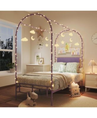 Twin Canopy Bed Frame with Upholstered Headboard, Arched Metal Design, Under-Bed Storage, Decorative Platform Bed