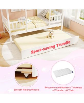 Twin Size House Bed w/ Trundle Roof Window & Safety Guardrails Slats Support