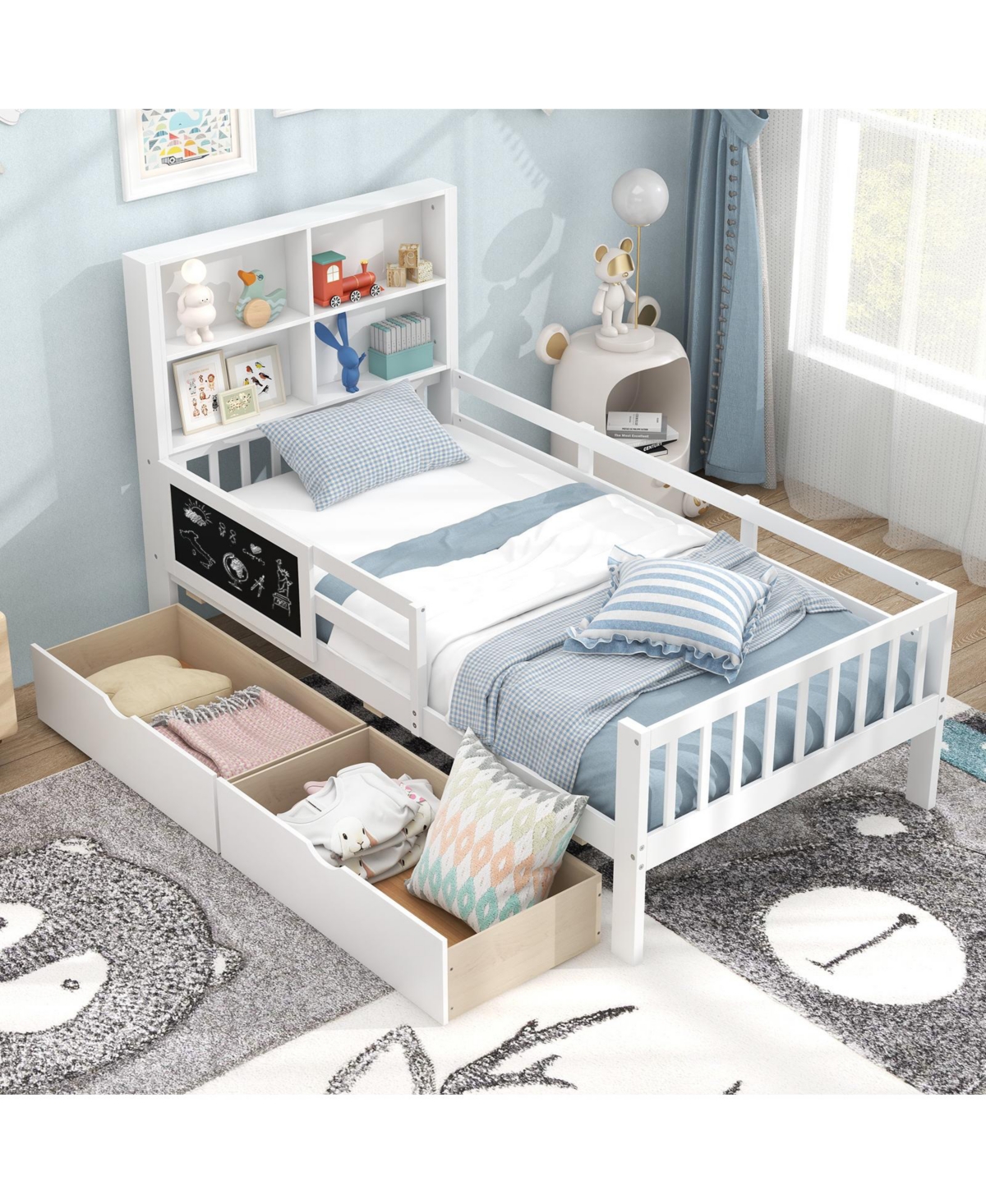 Slickblue Wooden Built-In Bookcase, 2 Storage Drawers, Guardrails, Durable Design Storage Bed