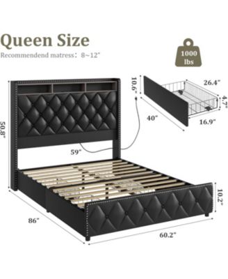 Queen Size Leather Bed Frame with 51" Tall Headboard, 4 Storage Drawers, USB, LED Lights