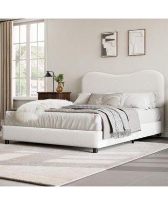 Queen Size White Boucle Bed Frame with Upholstered Headboard, Low Profile, Heavy Duty Wooden Slats, No Box Spring Needed