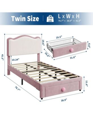 Twin Size Upholstered Bed Frame with 2 Drawers, Double Wavy Headboard, Princess Platform
