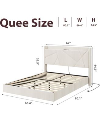 Queen Size Floating Bed Frame with LED Lights, Charging Station, Storage Headboard, Folding Shelf, Metal Slats