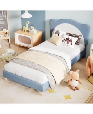 Twin Size Kids Upholstered Bed Frame with Adjustable Scallop Velvet Headboard, Princess Platform, Blue & White