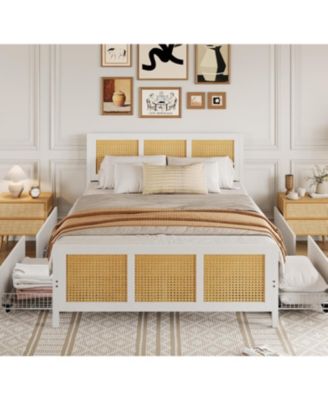Full Size Rattan Accent Storage Bed with 4 Drawers, Woven Front, LED Lights, White MDF Frame