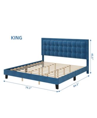 King Size Square Platform Bed Frame Blue Metal Design Wood Slat Support No Box Spring