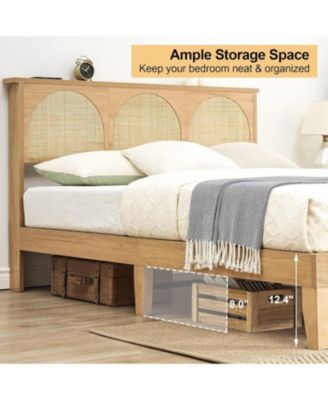 Queen Size Rattan Bed Frame with LED Storage Headboard & Solid Wood Legs, No Box Spring, Natural