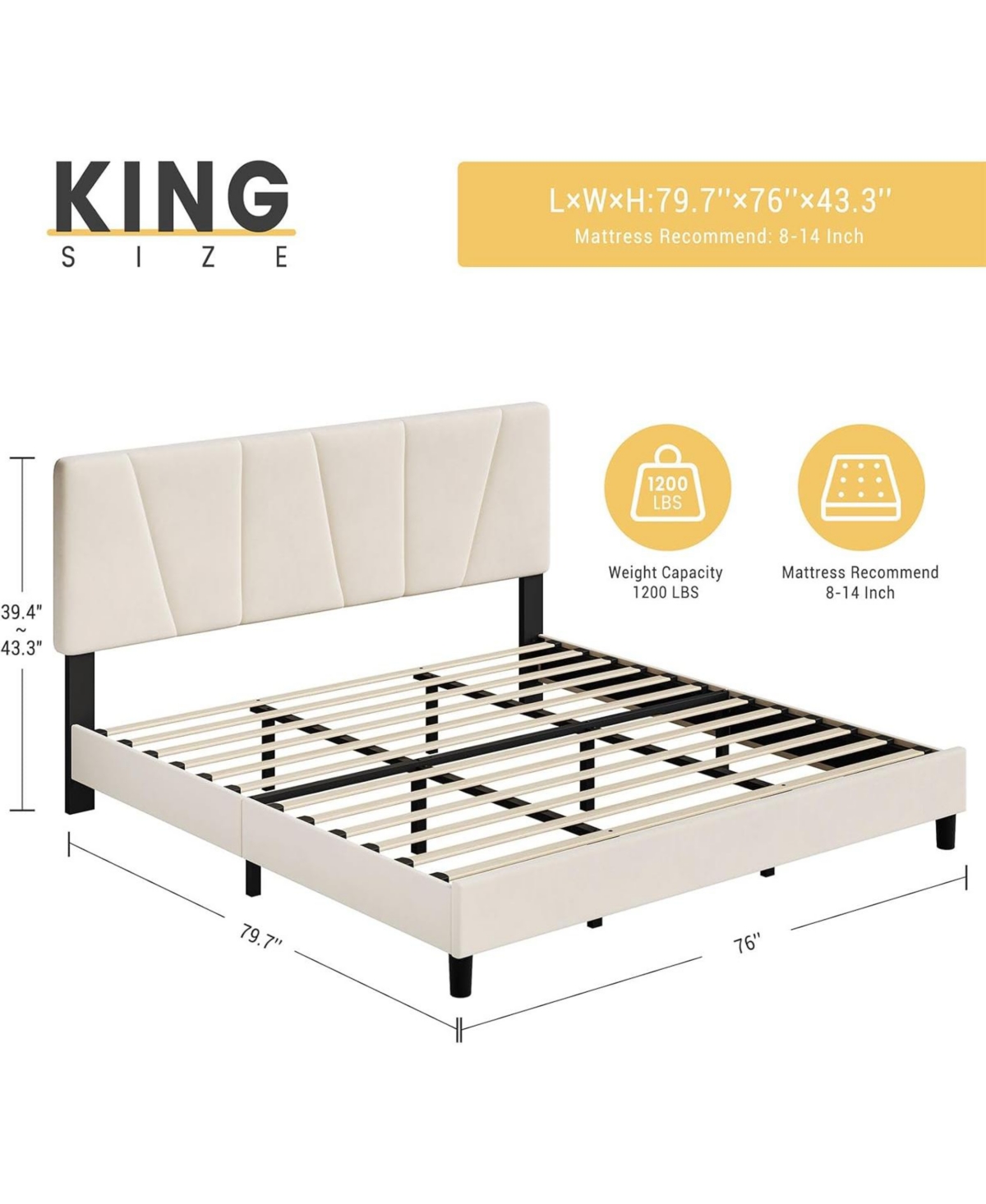 King Bed Frame with Adjustable Linen Upholstered Diagonal Channel Tufted Headboard Wooden Slats Box Spring Optional Beige