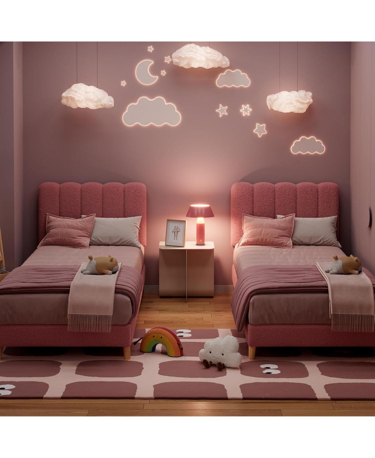 gaomon Twin Xl Bed Frame Boucle Upholstered Wave Headboard Kids Girls Wooden Slats No Box Spring Light Pink