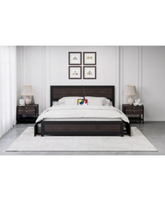 Full Bed Frame with Headboard Industrial Platform Charging Station 4 Storage Drawers Metal Slats Dark Grey