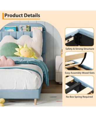 Twin Bed Frame with Storage Headboard Velvet Upholstered Platform for Girls Wooden Slats Noise Free Easy Assembly