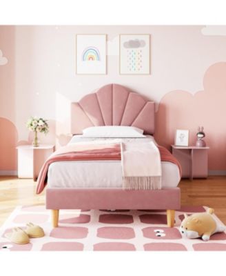 Twin XL Bed Frame Velvet Upholstered Adjustable Headboard for Boys Girls Wooden Slats No Box Spring Needed Light Pink