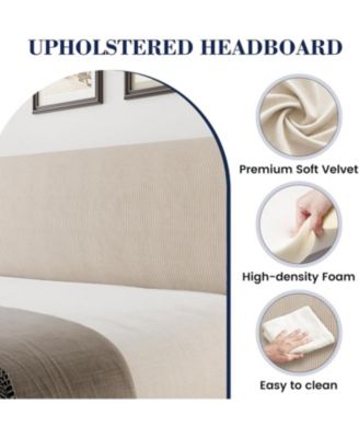 Queen Size Upholstered Bed Frame Wingback Headboard Velvet Platform Wooden Slat Support Box Spring Optional Beige