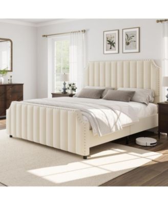 King Size Platform Bed Frame 50.2in Headboard Velvet Channel Tufted Footboard Nailhead Trim No Box Spring Cream