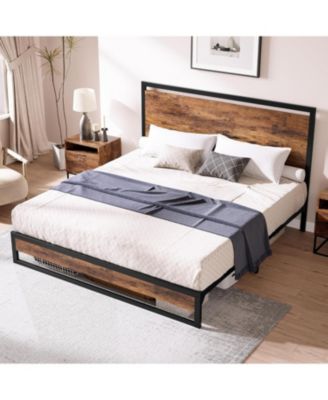 King Size Metal Bed Frame Wood Headboard Footboard 12in High Underbed Storage No Box Spring Rustic Brown