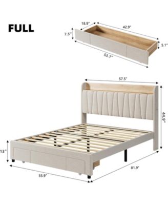 Full Size Bed Frame Storage Headboard Upholstered Platform Drawers Charging Station Noise Free No Box Spring Beige