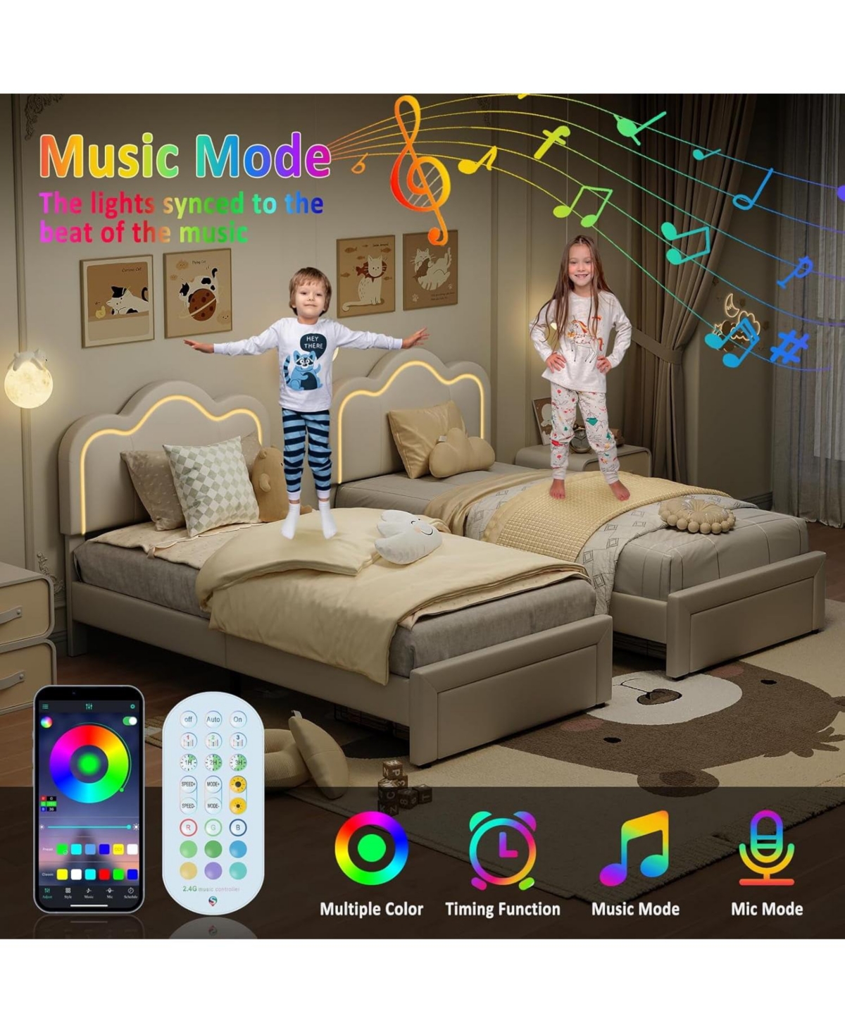 gaomon Twin Led Bed Frame w/ Adjustable Headboard, Storage Drawer, Pu Leather, No Box Spring, White