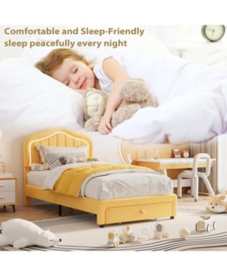 Twin Upholstered Bed Frame Storage Drawer Smart LED Headboard Platform for Kids Wooden Slats No Box Spring Yellow