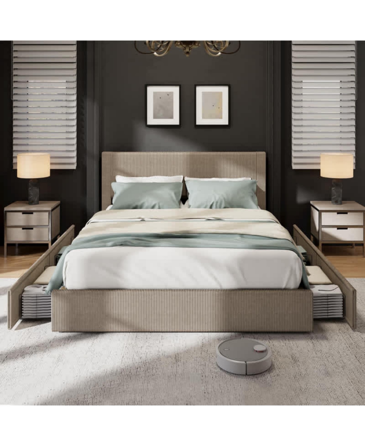gaomon Queen Size Bed Frame Corduroy Tufted Wingback Headboard Platform with 4 Storage Drawers Wood Slats No Box Spring Brown