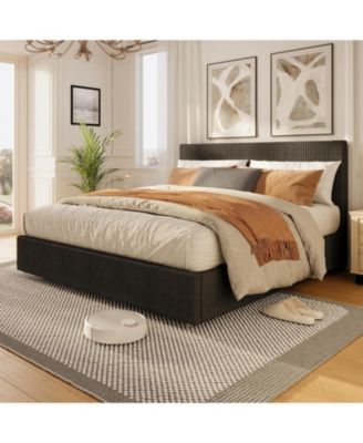 Full Size Upholstered Platform Bed Frame 4 Storage Drawers Corduroy Tufted Wingback Headboard Wood Slats No Box Spring