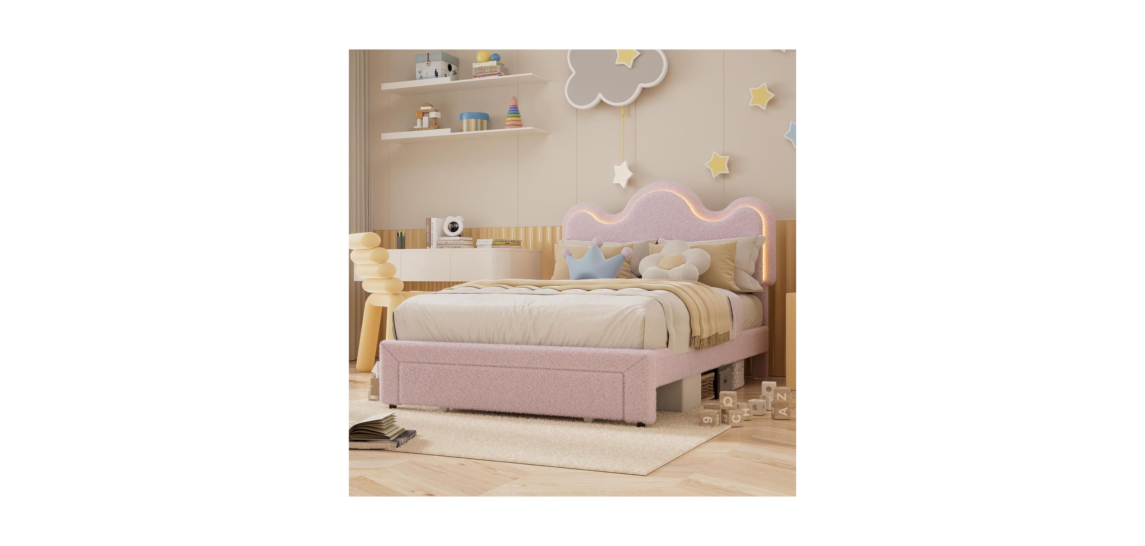 gaomon Full Size Boucle Upholstered Led Platform Bed Frame with Storage Drawers Flower Headboard