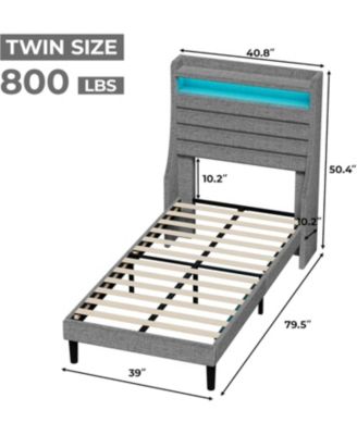 Twin Size Upholstered Platform Bed Frame with Headboard Charging Station LED Lights Wooden Slats No Box Spring Grey
