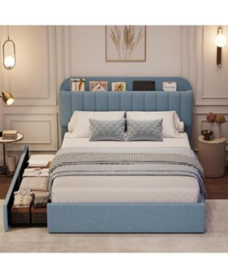 Boucle Upholstered Full-Size with Storage Headboard, Bookcase & 2 Drawers, No Box Spring Platform Bed Frame