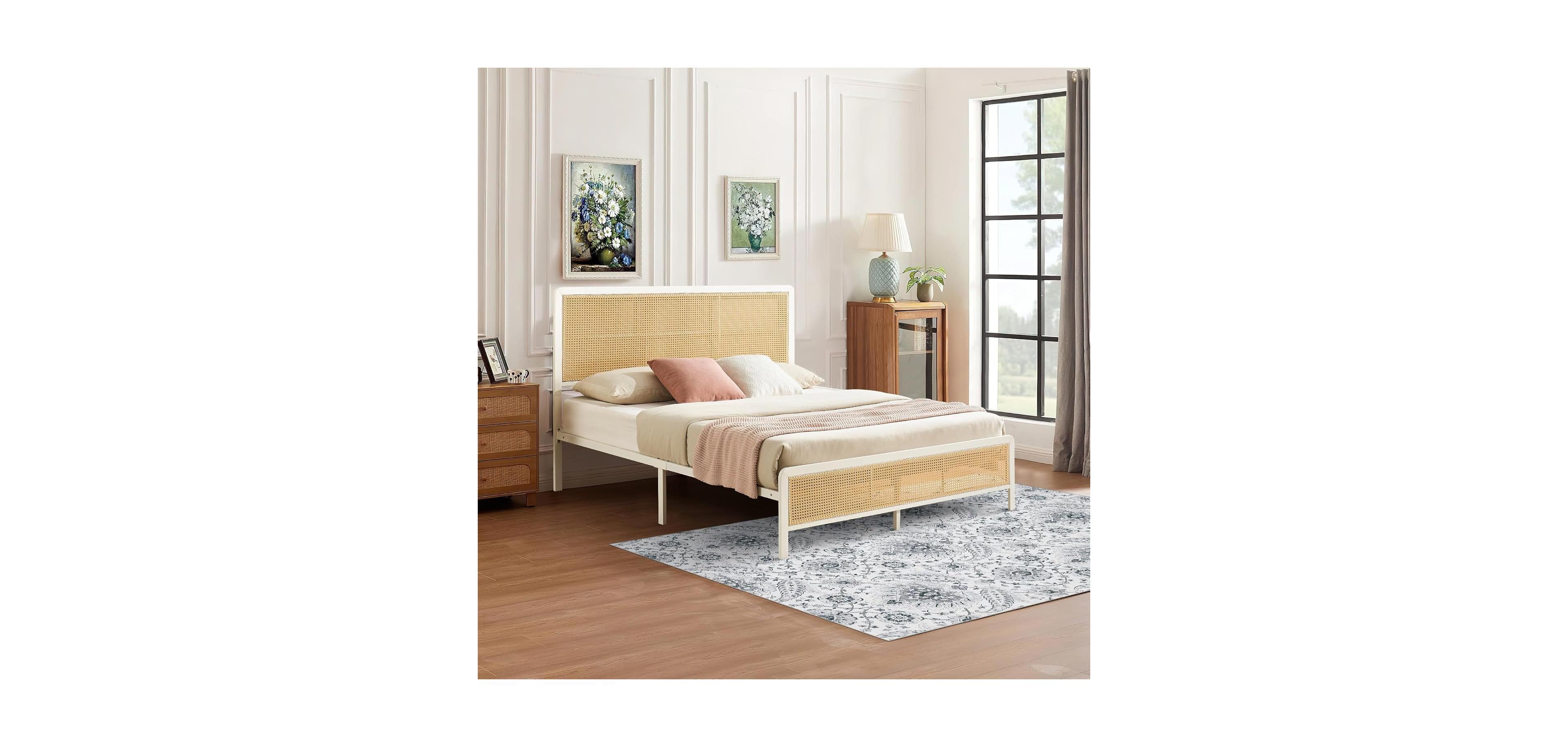 gaomon Full Size Iron Bed Frame with Rattan Headboard Rgb Led Lights Easy Assembly Platform Bed